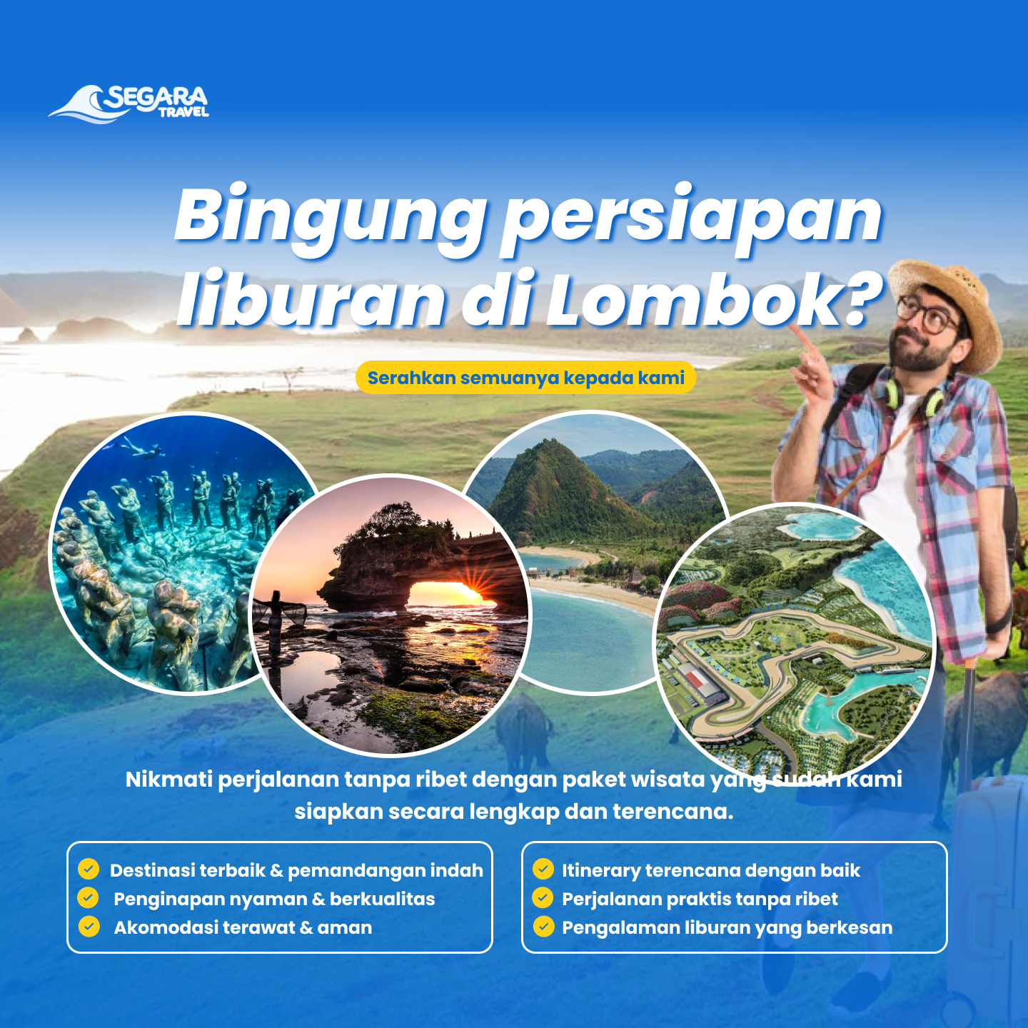 Momen liburan di Lombok dengan pemandangan pantai dan laut biru jernih
